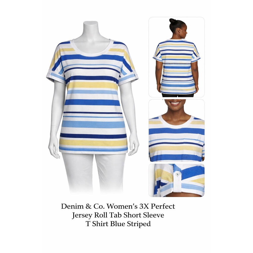 Denim & Co Womens 3X Perfect Jersey Roll Tab Short Sleeve T Shirt‎ Blue Striped
